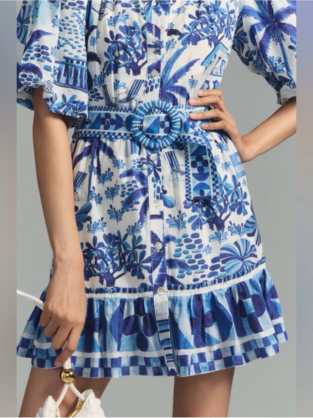 Farm Rio Sweet Rio Puff Dress, Blue & White, Size Medium, Tropical, Resortwear - Picture 4 of 9